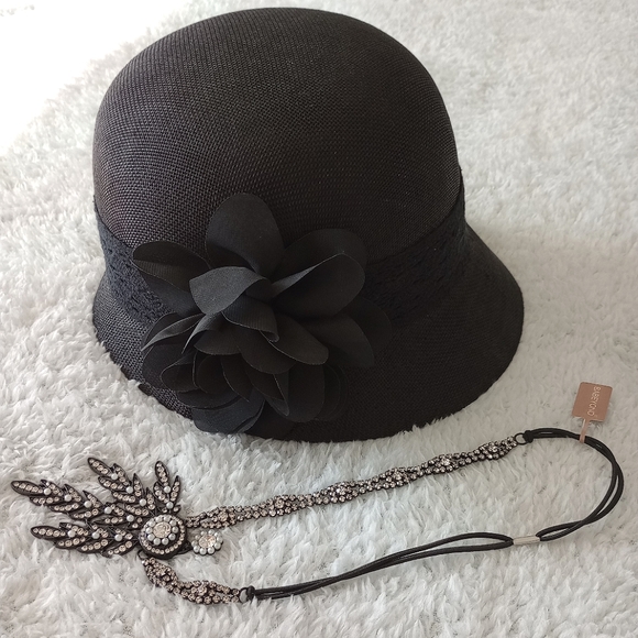 NWT Bundle of Great Gatsby black hat with lace and flower/flapper headband - Picture 1 of 9